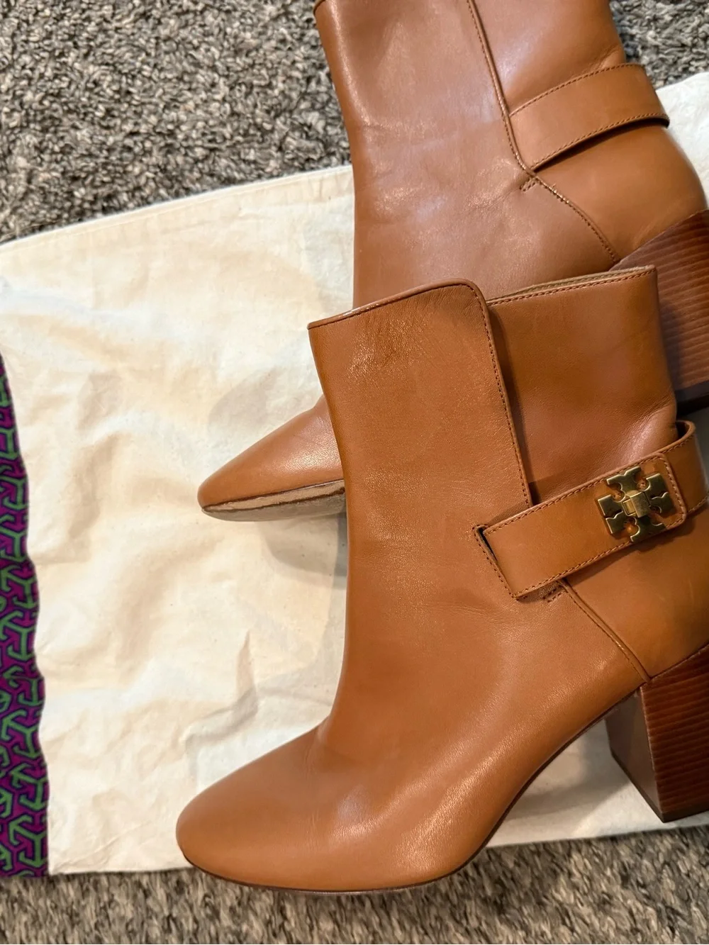 Women's Tan Leather Ankle Boots with Gold Accent (Tory Burch)
